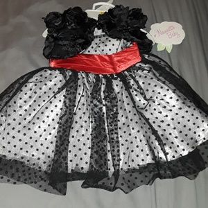 Black and White polkadot dress w black floral coat